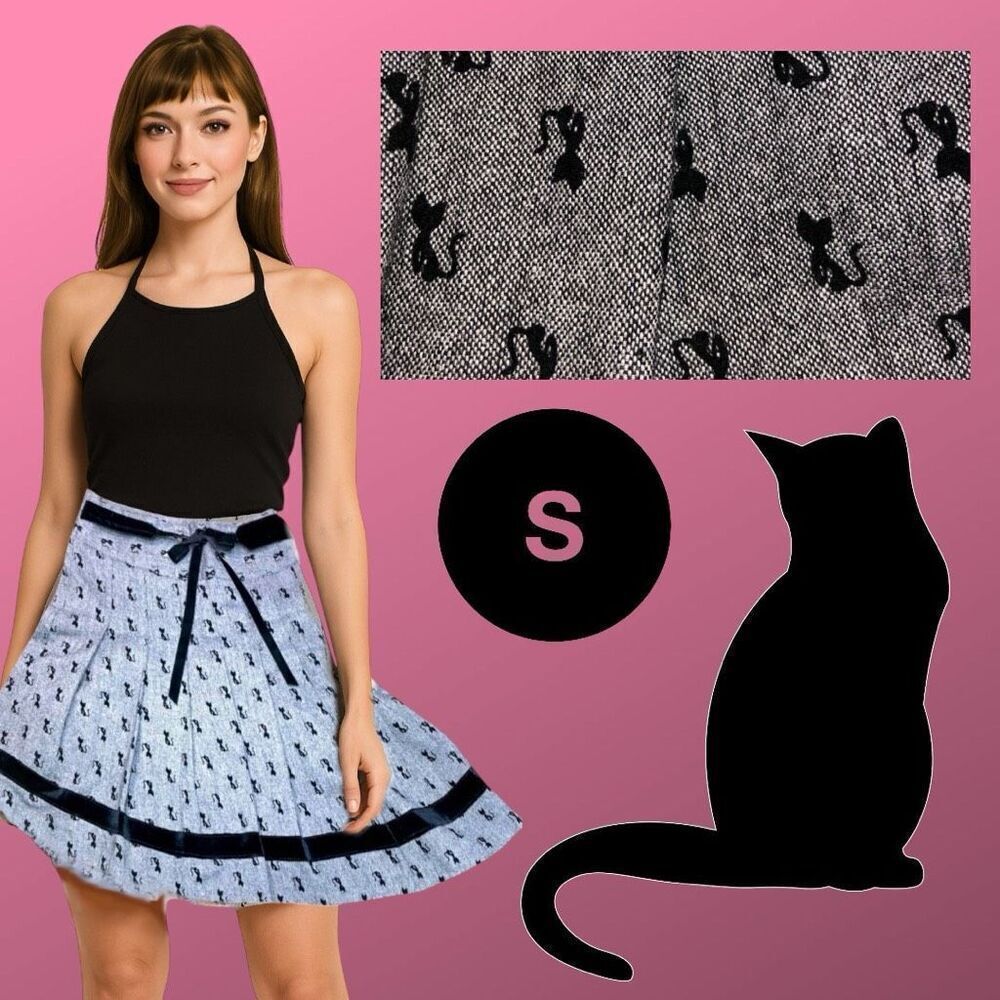 Cute Women’s Small pleated skirt with black cats K-Pop Grey School Girl CAT LADY